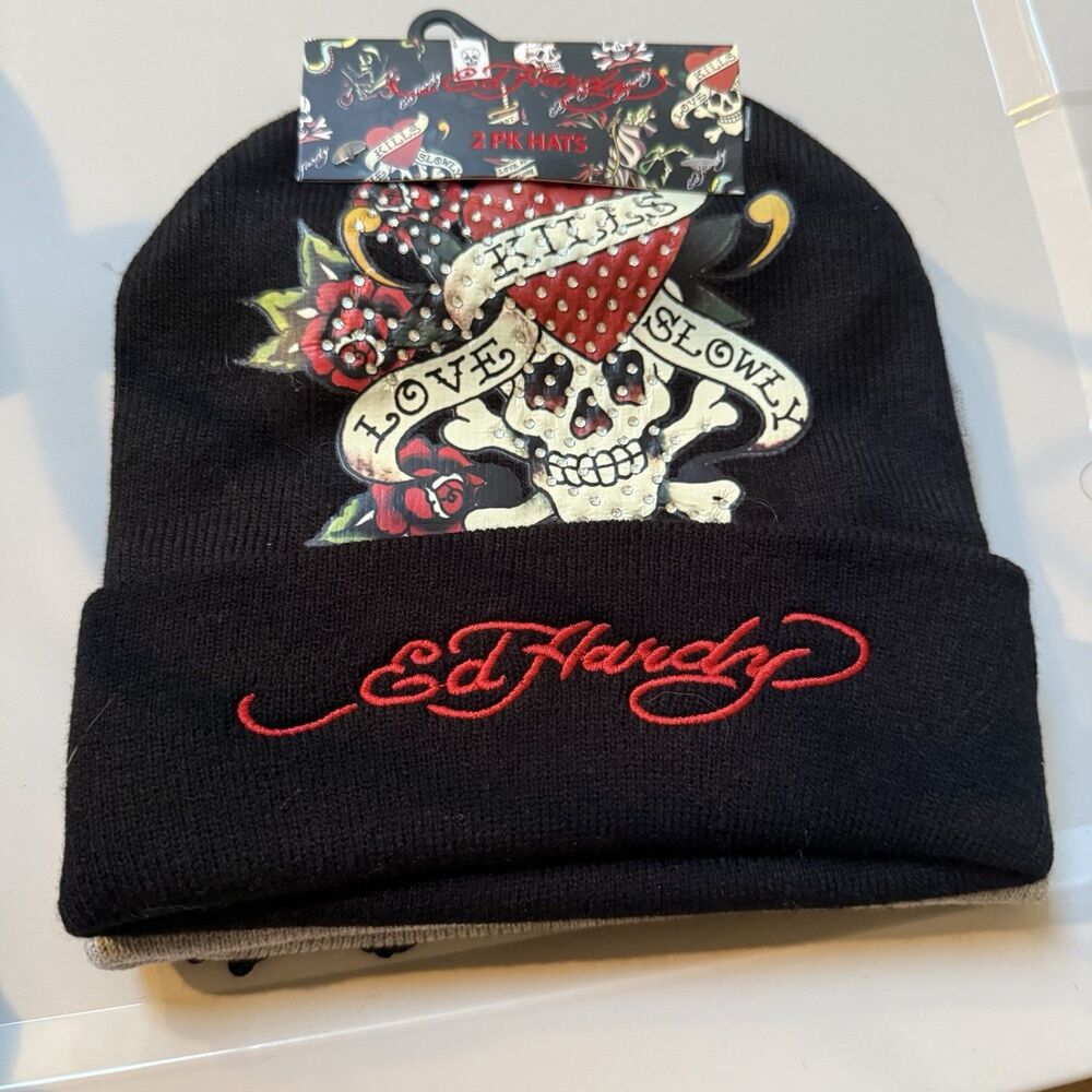 Ed Hardy 2 Pk Women Black Beanie Hats Flower Skull Rhinestones Embroidered NWT